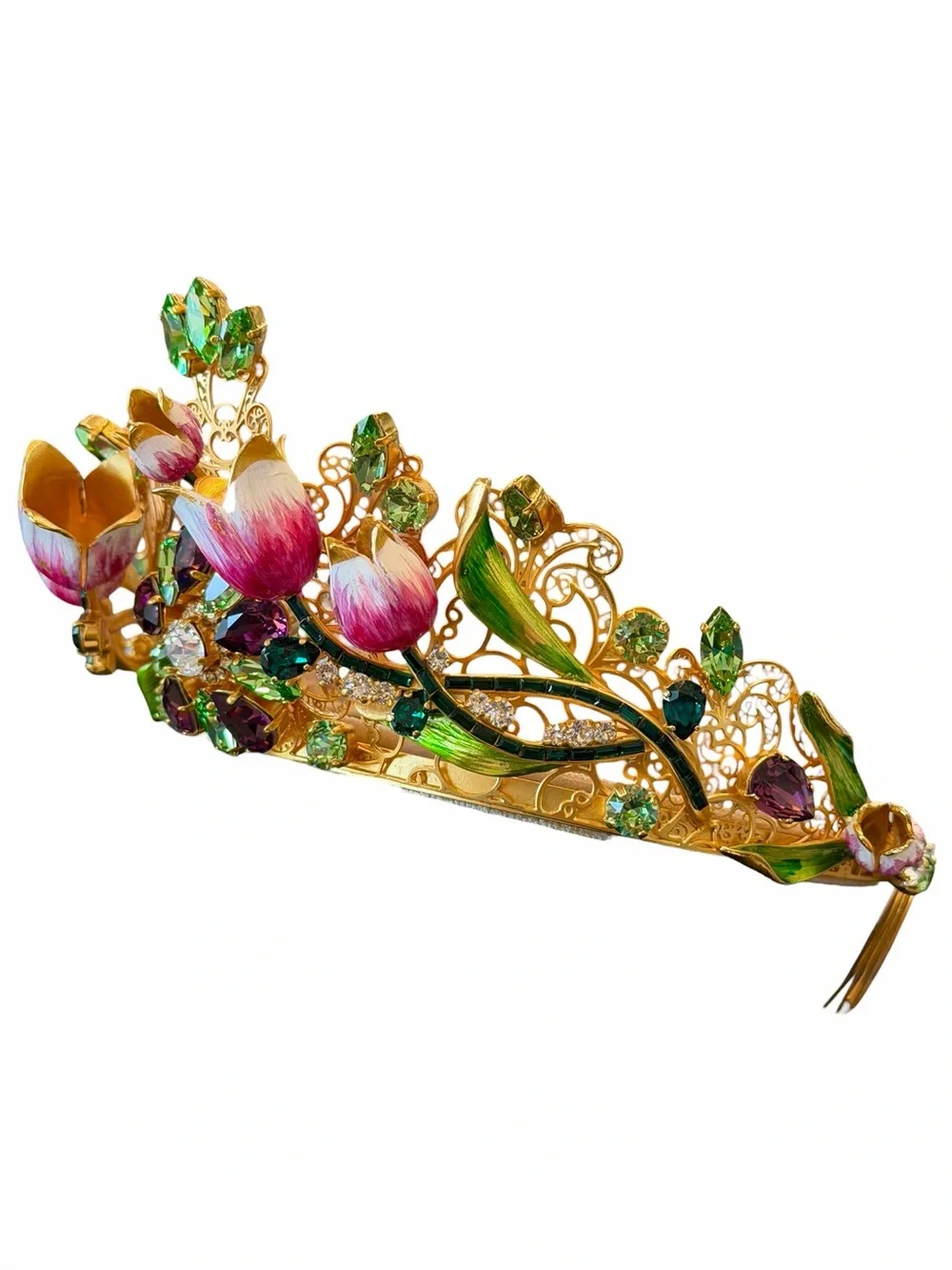 Dolce & Gabbana Gold Floral Jeweled Crown Tiara with Pink and Green Accents